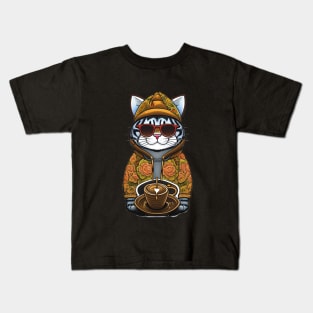 Cute Cat in Sunglasses and Hat with Coffee: Funny Coffee Lover Design Kids T-Shirt